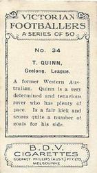 1933 Godfrey Phillips B.D.V. Victorian Footballers (A Series of 50) #34 Tom Quinn Back